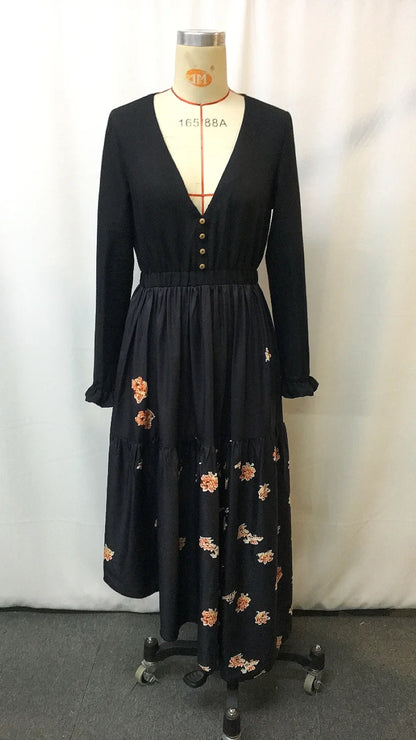 fachgo | 2025 Western Cowgirl Floral Vintage Dress - Ethnic Print Lace-Up Boho Chic Women's Party Dress with Ruffled Hem & Puffed Sleeves