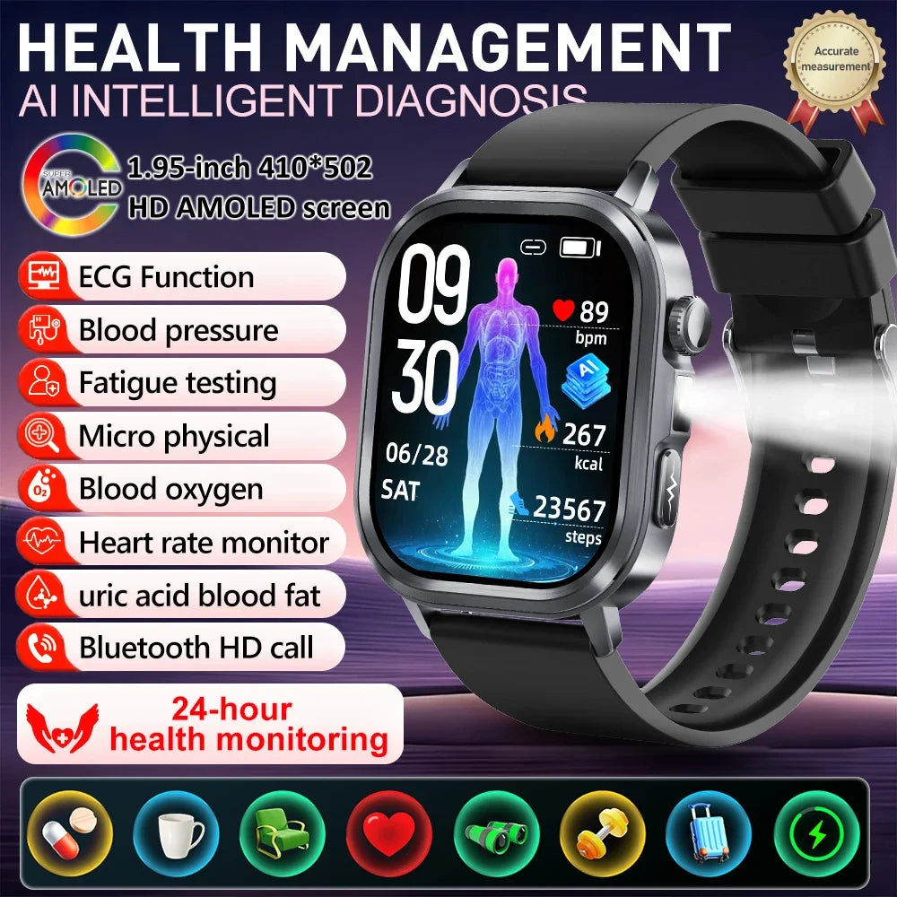 fachgo | New Accurate Blood Pressure Smart Watch Uric Acid ECG+PPG Blood Oxygen Body Analysis Body Fat LED Flashlight smart watches 2025