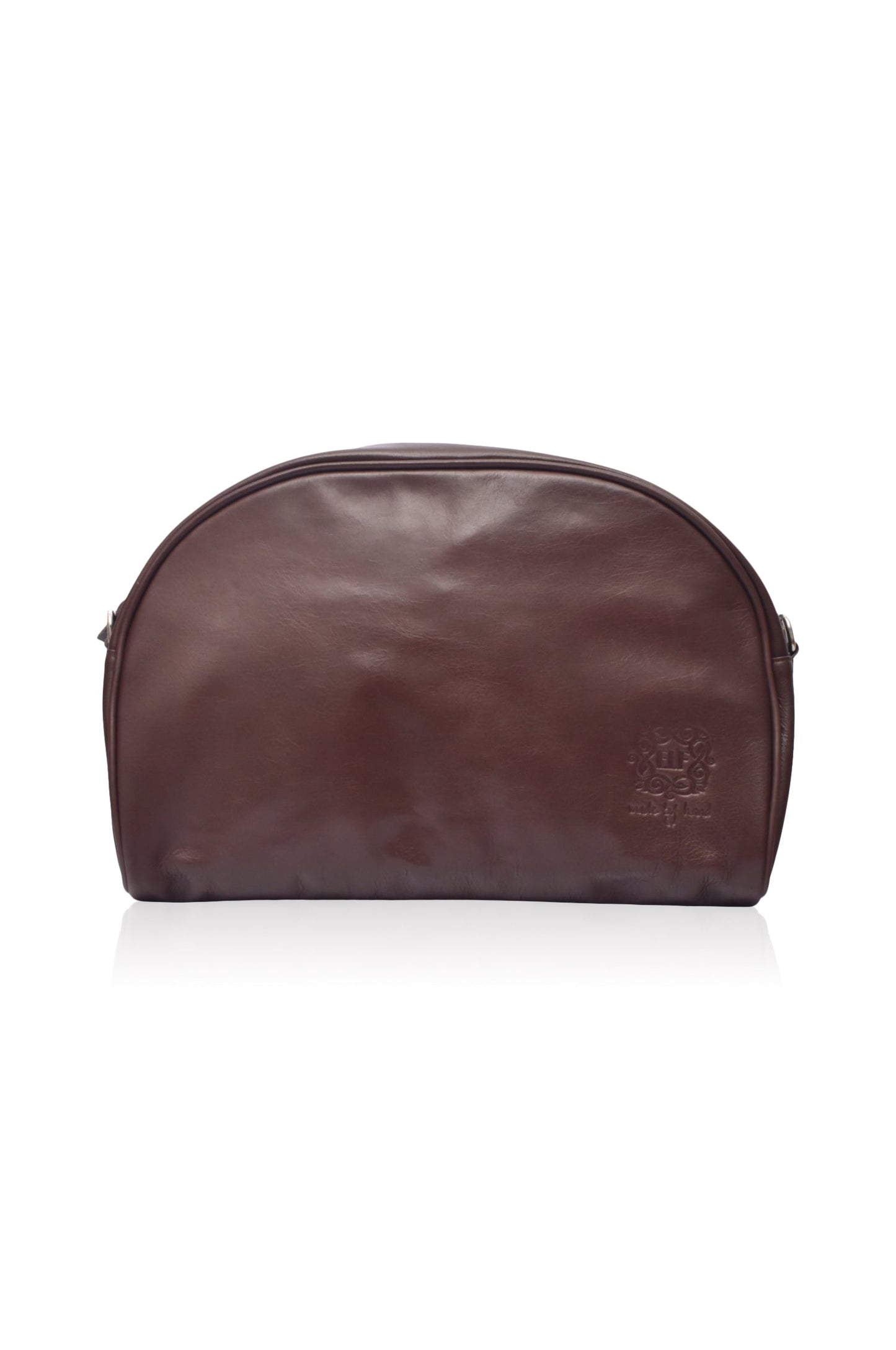Sabine Leather Handbag in dark brown, handcrafted, spacious, versatile design for crossbody or clutch use.