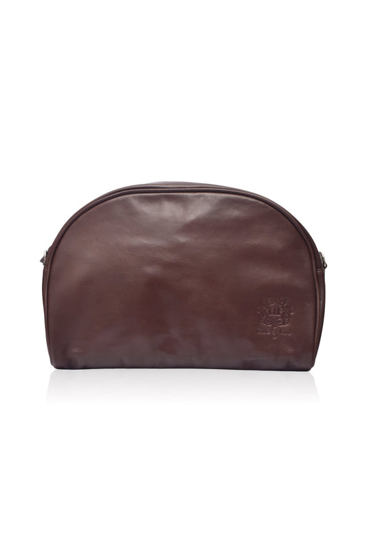 Sabine Leather Handbag in dark brown, handcrafted, spacious, versatile design for crossbody or clutch use.