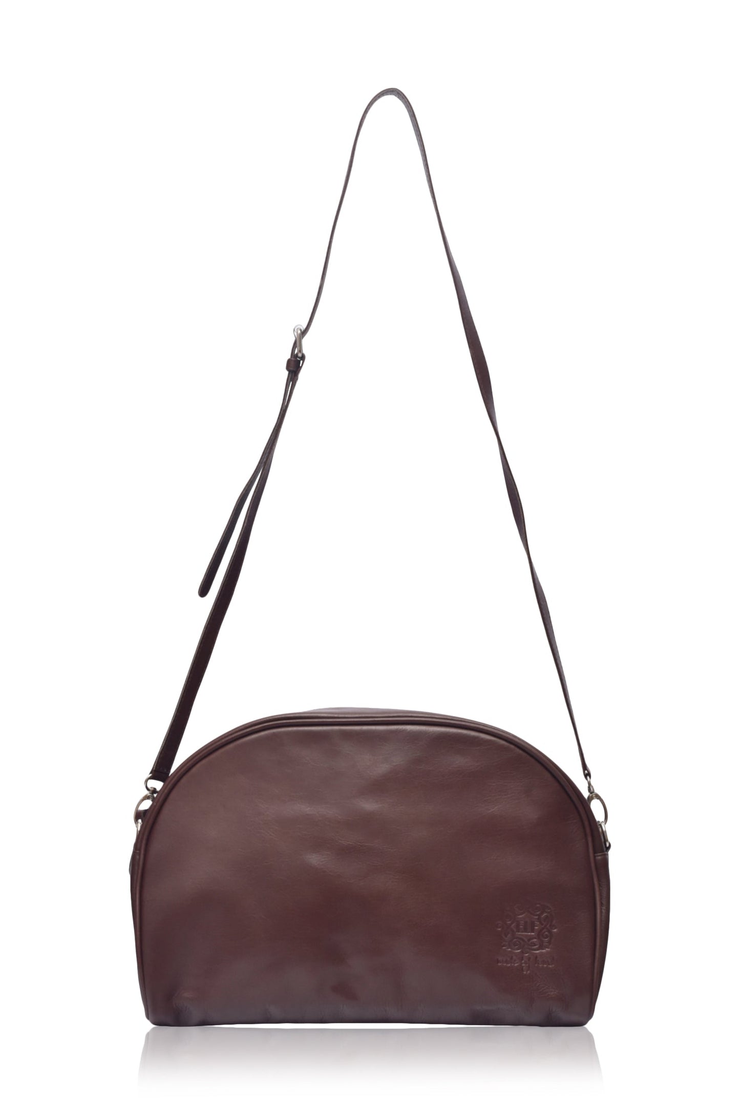 Sabine Leather Handbag in rich brown leather with adjustable shoulder strap and elegant design.