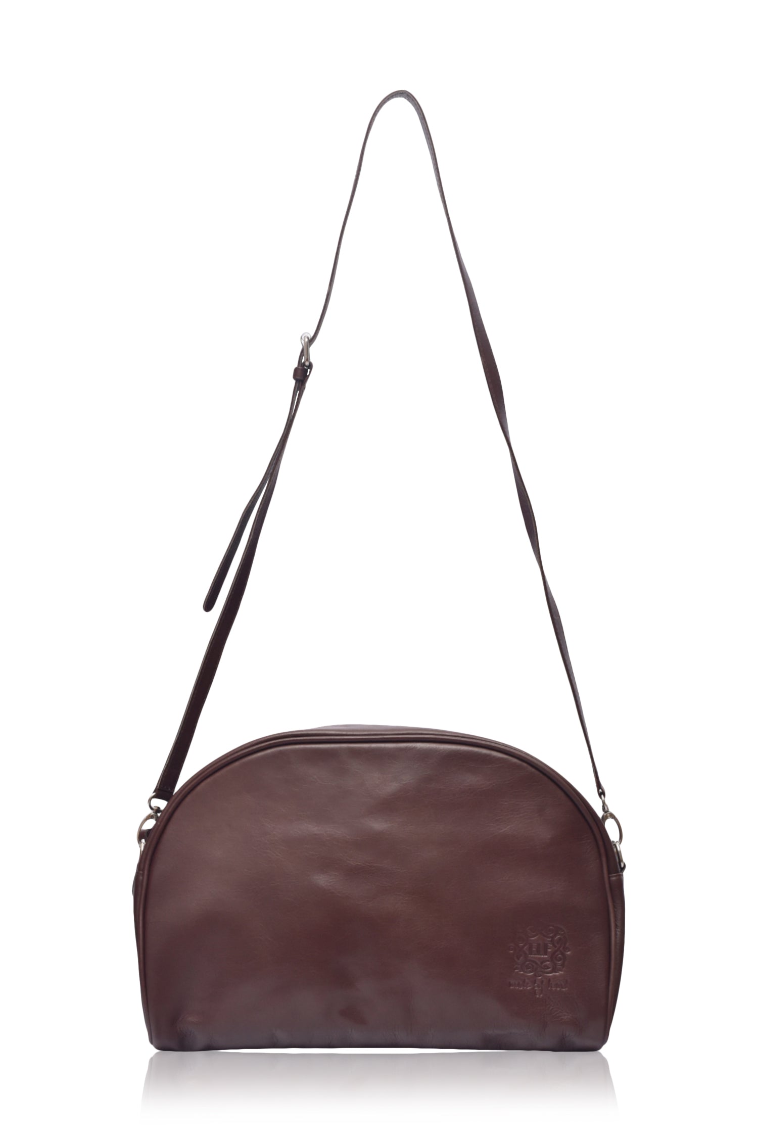 Sabine Leather Handbag in rich brown leather with adjustable shoulder strap and elegant design.