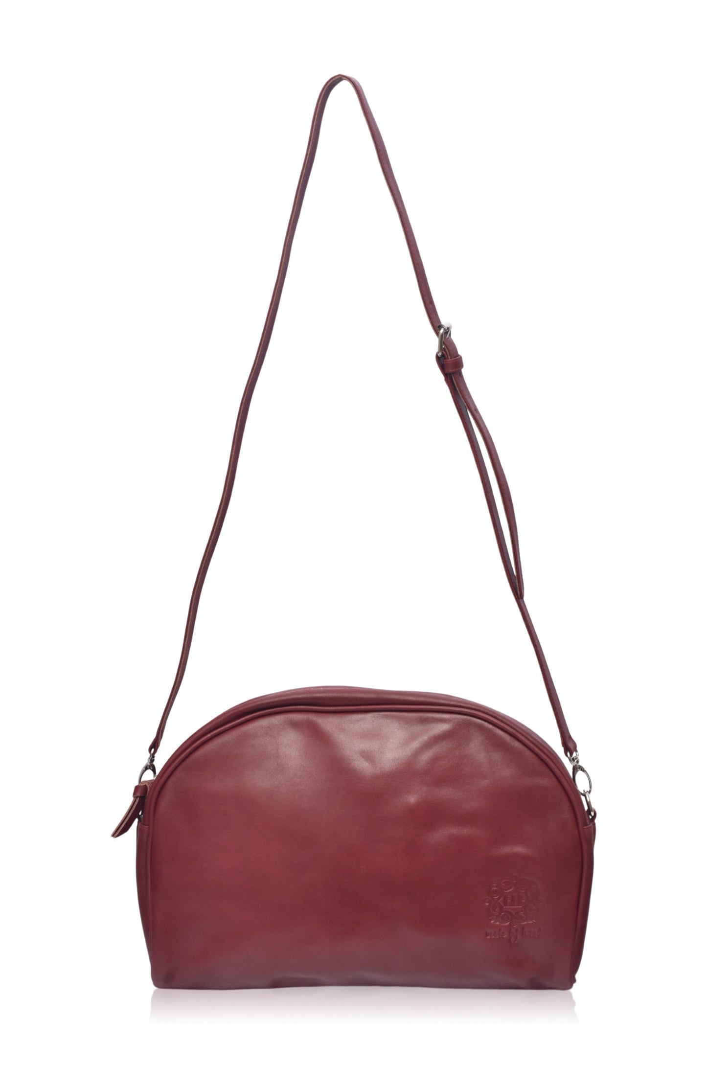 Sabine Leather Handbag in rich burgundy, featuring adjustable strap and sleek design.