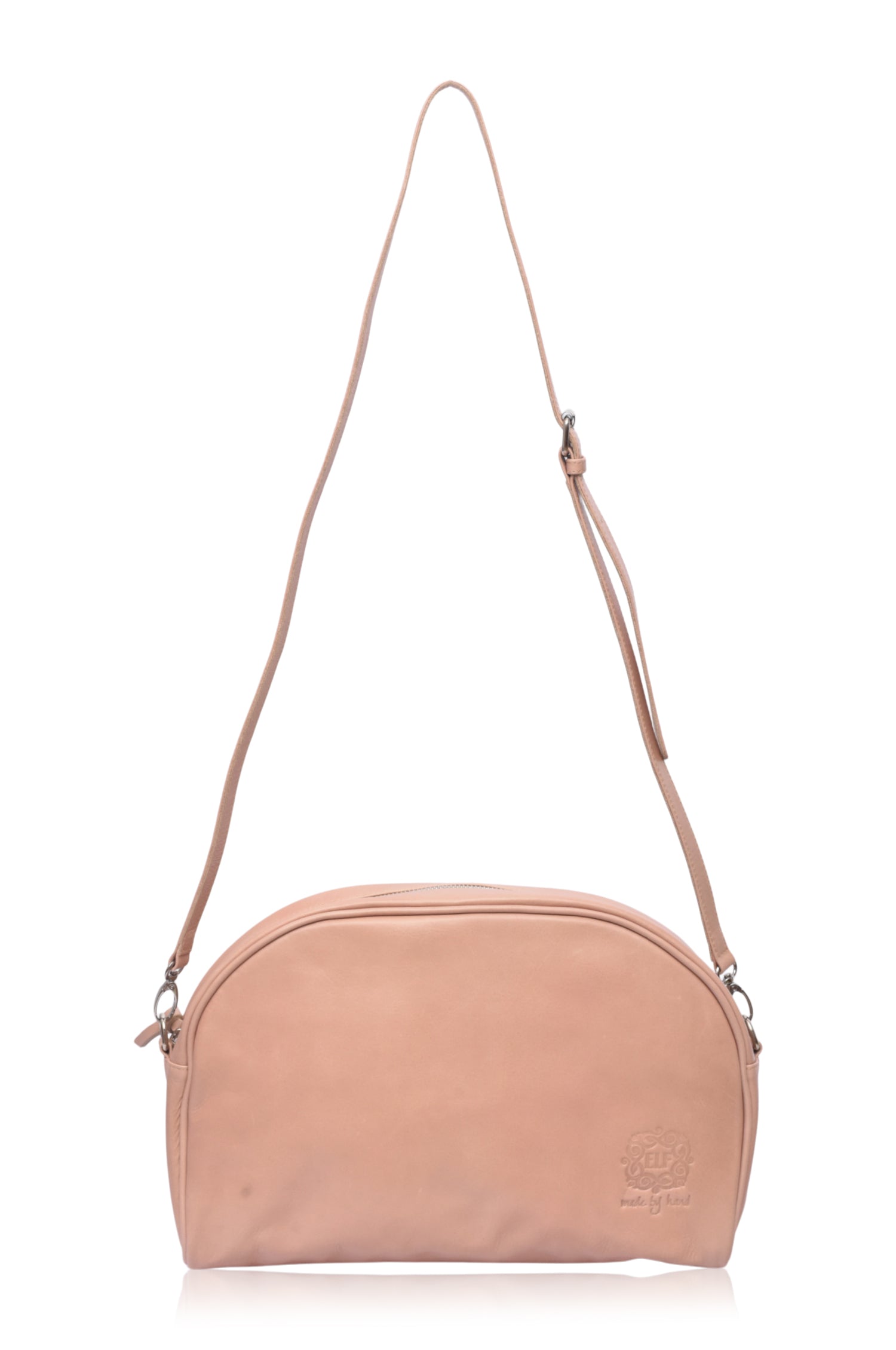 Sabine Leather Handbag in soft pink leather, adjustable strap, suitable for crossbody or as an oversized clutch.