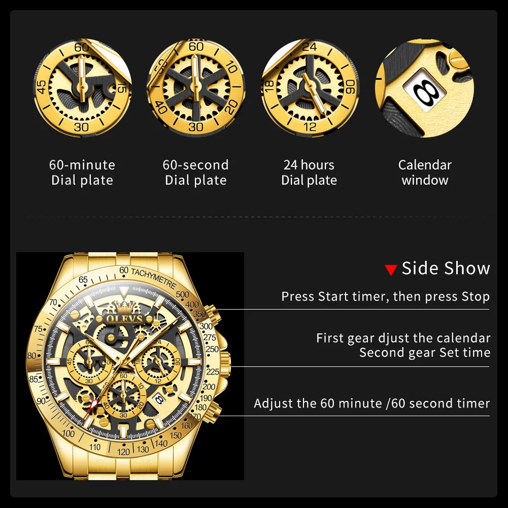 fachgo | OLEVS Lxuxry Brand Gold Men's Watches Full Skeleton Stainless steel Chronograph Wristwatch Waterproof Luminous Quartz Watch Men
