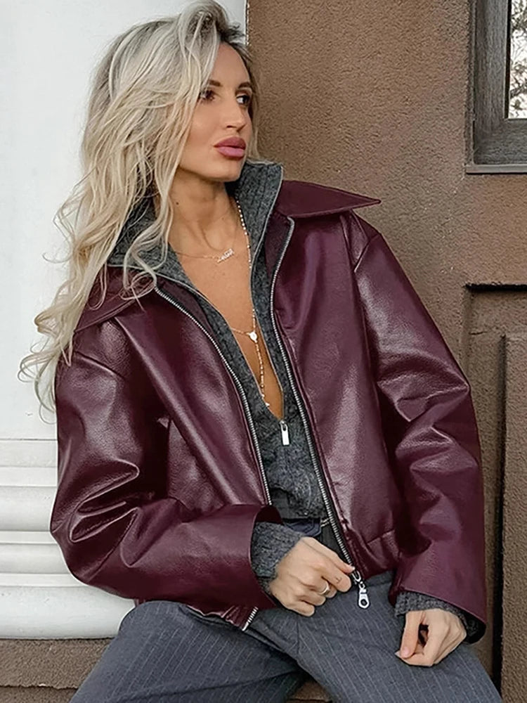 fachgo | Women’s PU Leather Bomber Jacket