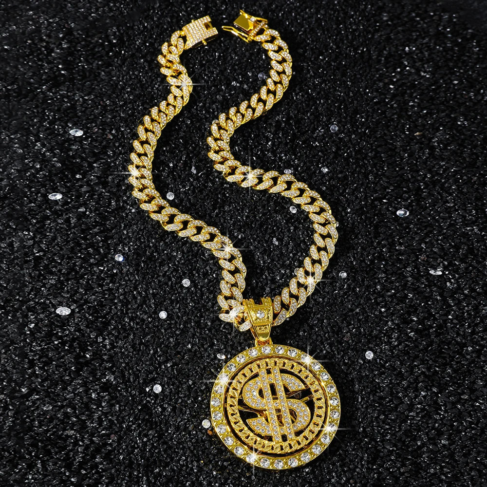 fachgo | Men Hip Hop Big Rotatable US Dollar Money Sign Pendant Necklace 13mm Iced out Cuban Chain Choker Necklace Rap Rock Charm Jewelry