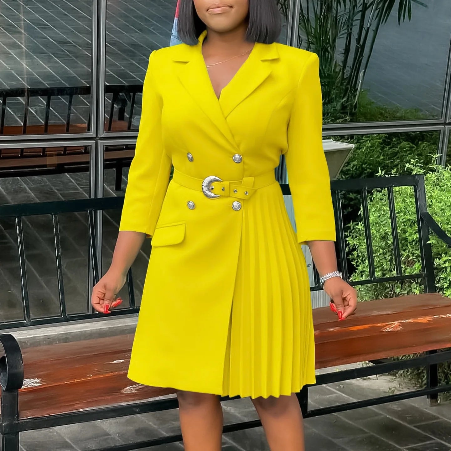 fachgo | Elegant Dresses for Woman 2024 Autumn Winter New Trends Notched Collar Full Sleeve Sashes Pleated Mid Calf Solid Fashion Dress