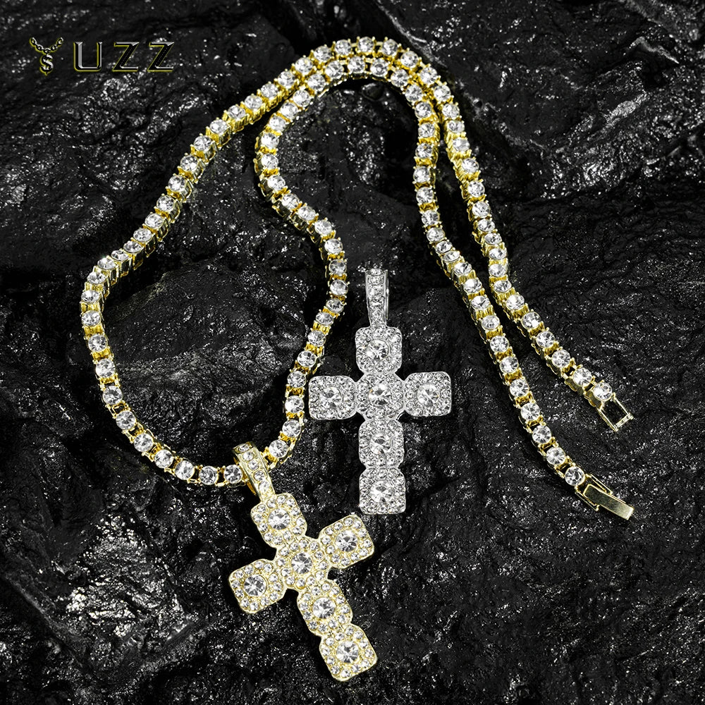 fachgo | 2025 New Hip Hop Cross Pendant Necklace Men 4mm Rhinestone Tennis Chain Iced Sparkling Necklace Women Punk Jewelry Fashion Gift