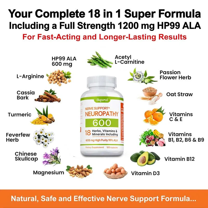 fachgo | Neuropathy Support Supplement 600mg - Antioxidant, Promotes Nerve Health, Cellular Energy, Metabolism and Anti-aging, Non-GMO