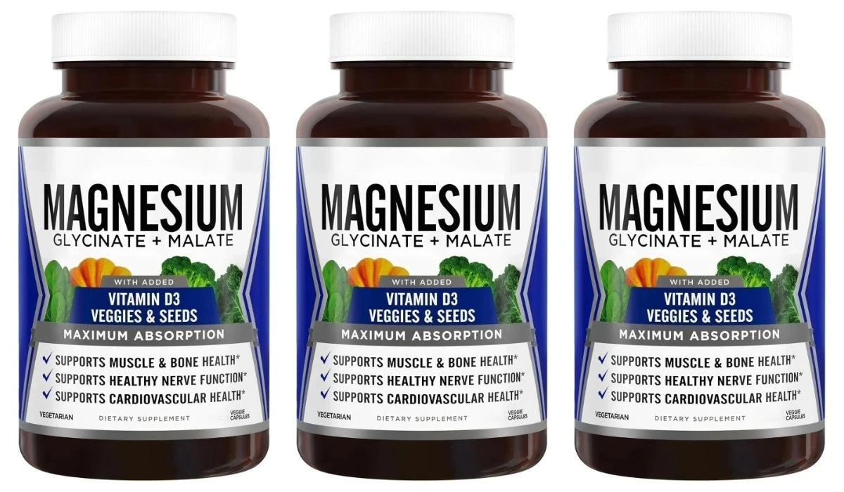 90 Capsules Magnesium Complex Supplement with Glycinate Malate and Vitamin D3 Daily Support Bone and Muscle Health Plant Vegan
