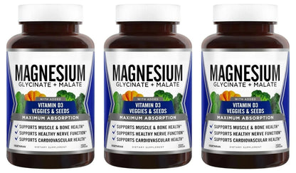 90 Capsules Magnesium Complex Supplement with Glycinate Malate and Vitamin D3 Daily Support Bone and Muscle Health Plant Vegan