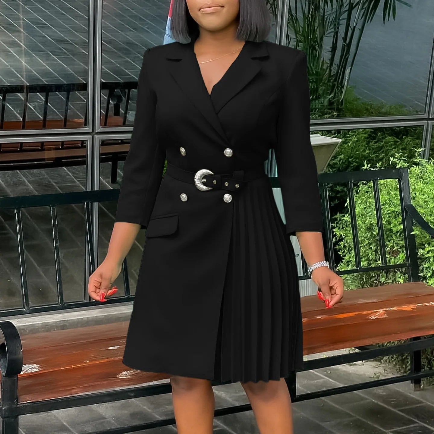 fachgo | Elegant Dresses for Woman 2024 Autumn Winter New Trends Notched Collar Full Sleeve Sashes Pleated Mid Calf Solid Fashion Dress