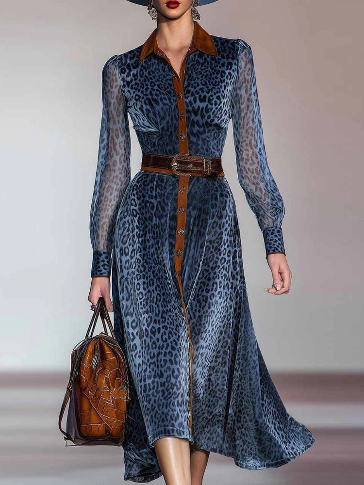 fachgo | Elegant Woman Dresses Retro Turndown Collar Leopard Print Long Dress Autumn Single Breasted Long Sleeve Western Cowboy Dress