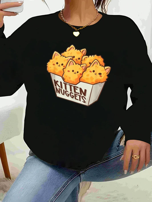 Kitten Nuggets Print Long Sleeve Sweater Casual Wear for Women Daily Outfits