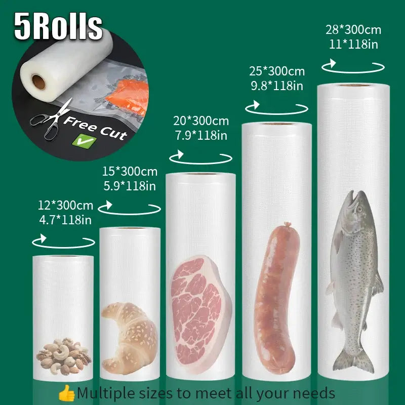fachgo | 5-Pack Vacuum Sealer Bags: Anti-Puncture Tech, Thick PE+PA, Textured. Fits All Machines, BPA-Free. Keeps Meat, Veggies Fresh Lon