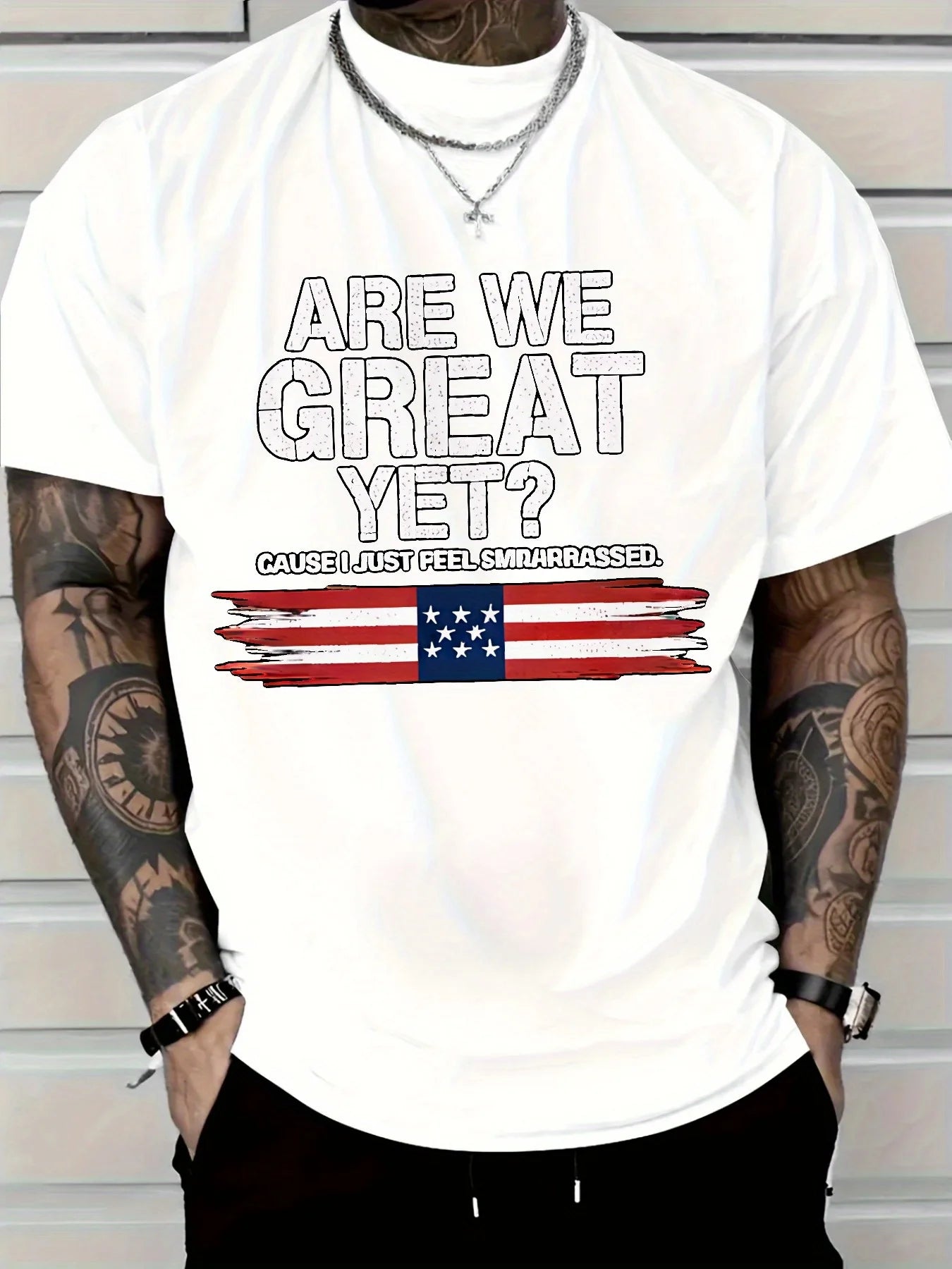 fachgo | New Pure Cotton Men'sT-Shirt with Are We Great Yet American Flag Print for Casual Wear Graphic Tee Breathable and Comfort