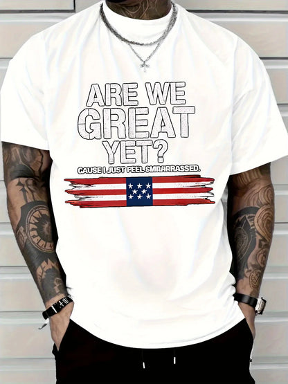 fachgo | New Pure Cotton Men'sT-Shirt with Are We Great Yet American Flag Print for Casual Wear Graphic Tee Breathable and Comfort