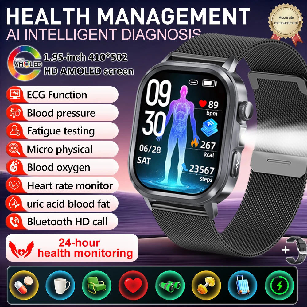 fachgo | New Accurate Blood Pressure Smart Watch Uric Acid ECG+PPG Blood Oxygen Body Analysis Body Fat LED Flashlight smart watches 2025