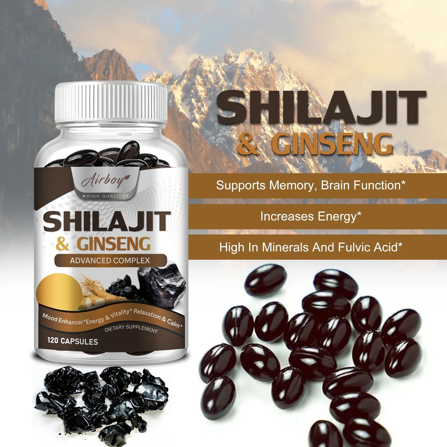 fachgo | Shilajit & Ginseng Supplement - Provides Energy and Endurance, Enhances Brain & Memory, Immune Support - 120 Capsules