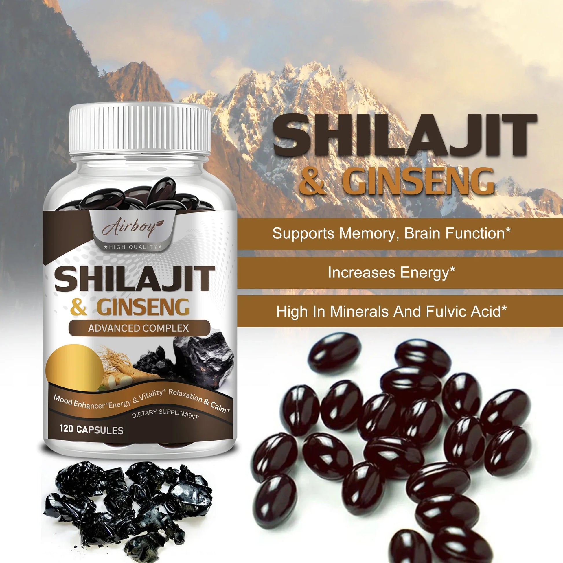 fachgo | Shilajit & Ginseng Supplement - Provides Energy and Endurance, Enhances Brain & Memory, Immune Support - 120 Capsules