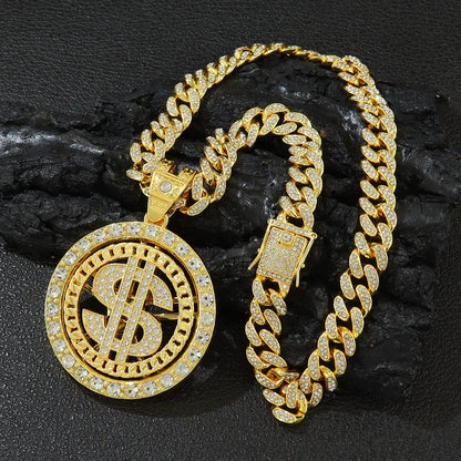fachgo | Men Hip Hop Big Rotatable US Dollar Money Sign Pendant Necklace 13mm Iced out Cuban Chain Choker Necklace Rap Rock Charm Jewelry