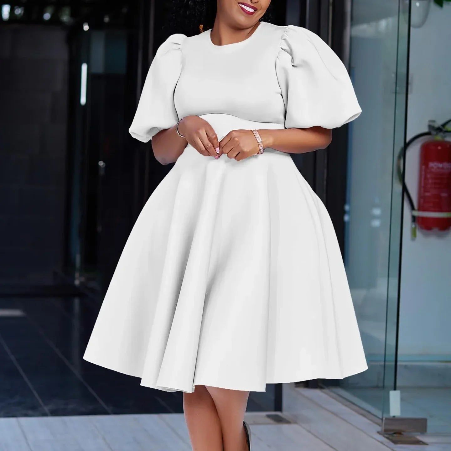 fachgo | Elegant Dresses for Woman 2024 O Neck Short Sleeve High Waisted Pleated Mid Calf Luxury Female Birthday Party Dinner Vestidos