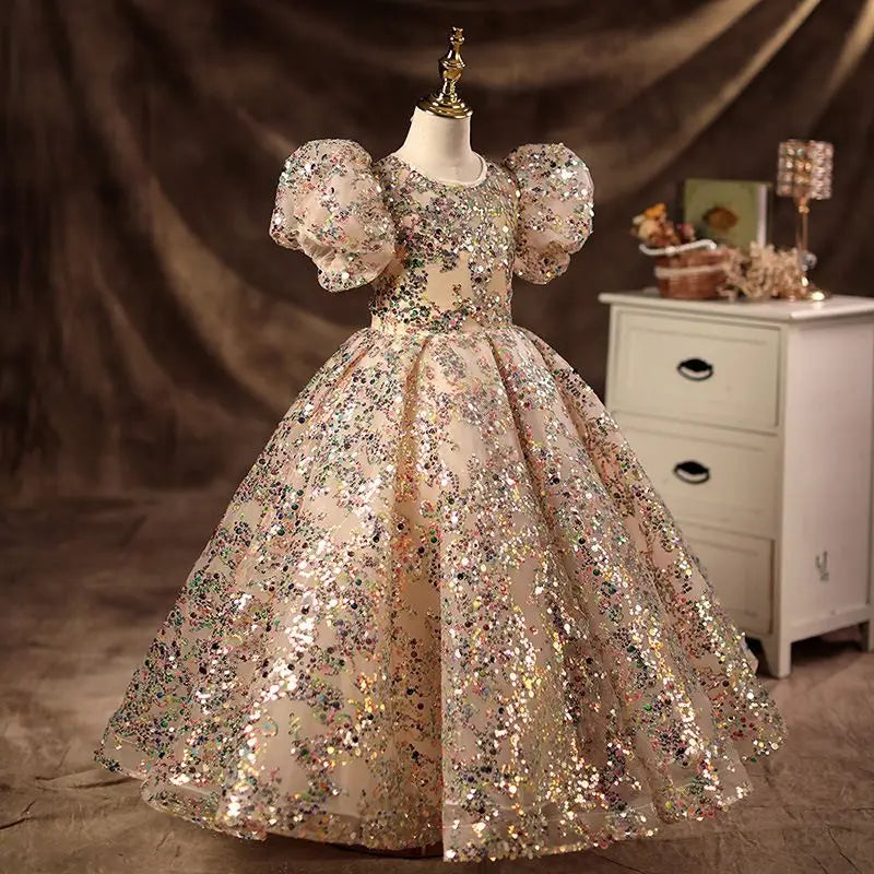 fachgo | Champagne Girls Princess Dress Puffy Tutu Flower Girl Wedding Piano Recital Formal Gown for Kids