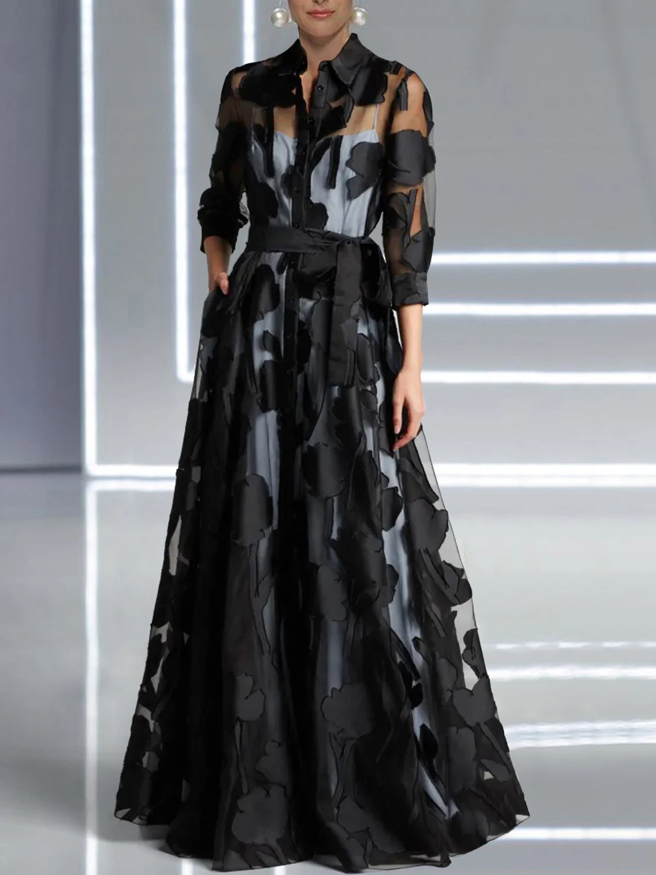 fachgo | Elegant Jacquard Mesh Maxi Dress for Women
