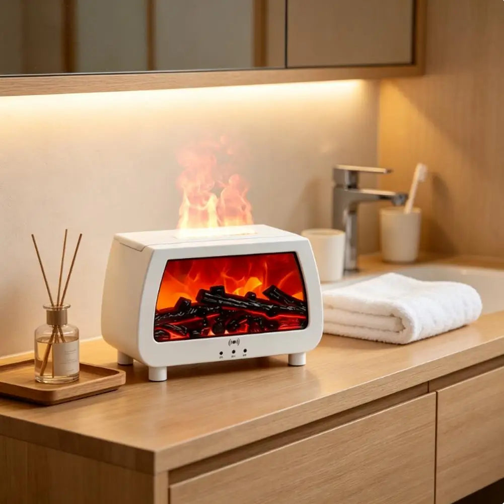 Auto Aroma Diffuser Faux Fireplace Flame Effect Essential Oil Humidifier With Remote Control LED Light Quiet Desktop Diffuser