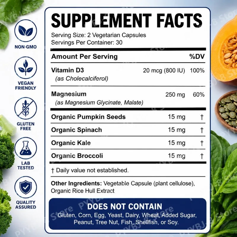 90 Capsules Magnesium Complex Supplement with Glycinate Malate and Vitamin D3 Daily Support Bone and Muscle Health Plant Vegan