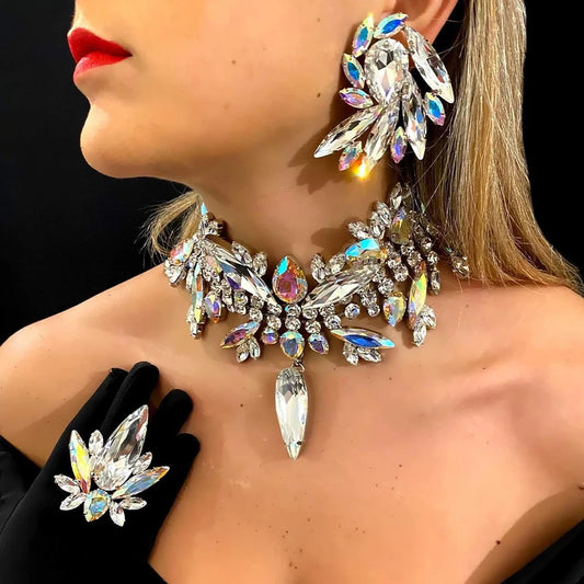 fachgo | Crystal Geometric Necklace & Earrings Set