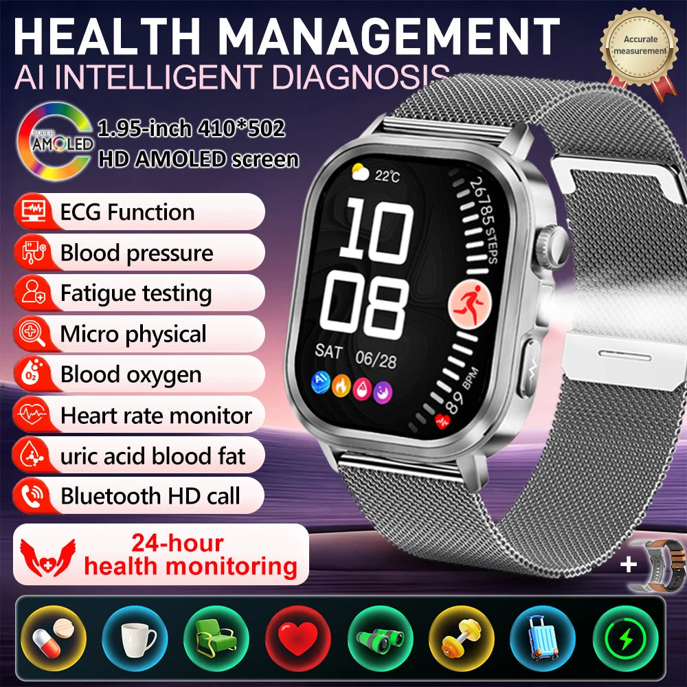fachgo | New Accurate Blood Pressure Smart Watch Uric Acid ECG+PPG Blood Oxygen Body Analysis Body Fat LED Flashlight smart watches 2025