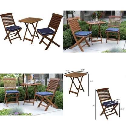 fachgo | Square Foldable Bistro Patio Furniture Set - 3-Piece Eucalyptus Wood Outdoor Set with Table and 2 Cushioned Chairs, Ideal for Ou