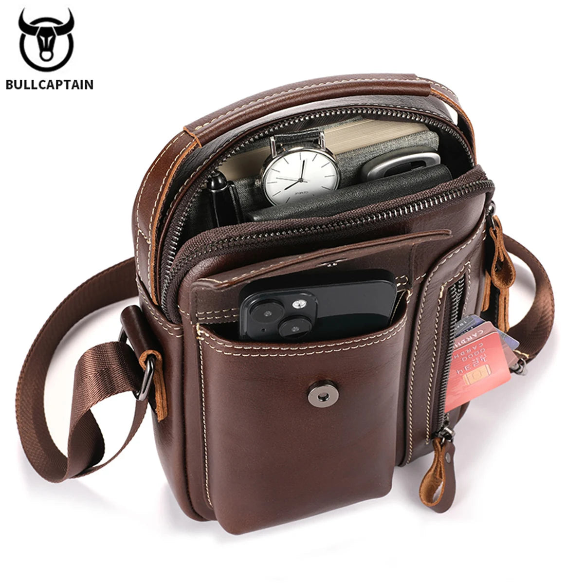 fachgo | BULLCAPTAIN Casual Fashion Men's Messenger Bag's Business Portable Handbag Man Leather Shoulder Bag Mobile 6.5'' Phone Bags