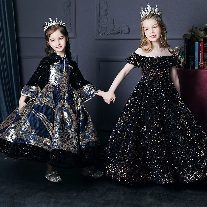 fachgo | Girl's Western Style Evening Dress Flower Girl Sequined Catwalk Host Piano Performance Princess Dress