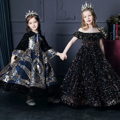 fachgo | Girl's Western Style Evening Dress Flower Girl Sequined Catwalk Host Piano Performance Princess Dress