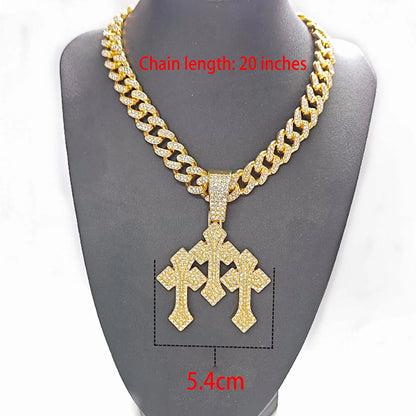 fachgo | New Iced Out Stacked Crosses Pendant Necklaces for Men With 13mm Cuban Chain Hip Hop Cross Rhinestone Jewelry pendant Gift