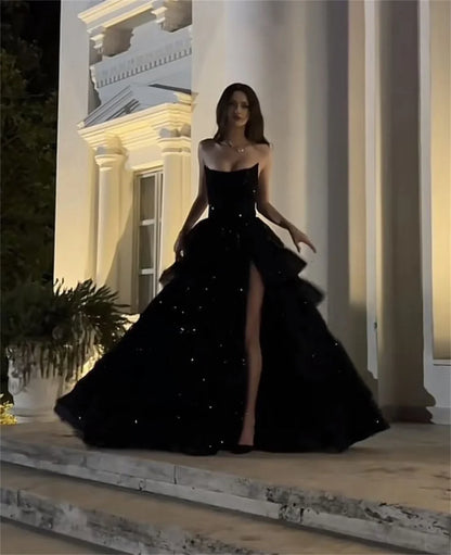 fachgo | Bella Black Tulle Prom Dresses Side Split A-line Strapless Wedding Dress Elegant Customized Sleeveless Vestidos De Fiesta 2024