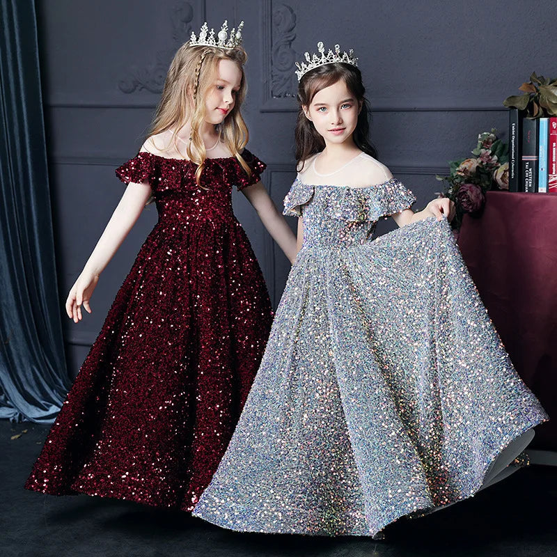 fachgo | Girl's Western Style Evening Dress Flower Girl Sequined Catwalk Host Piano Performance Princess Dress