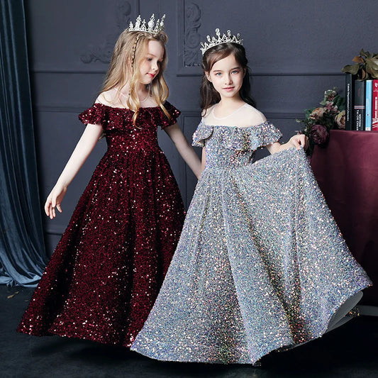 fachgo | Girl's Western Style Evening Dress Flower Girl Sequined Catwalk Host Piano Performance Princess Dress