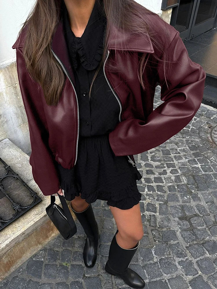 fachgo | Women’s PU Leather Bomber Jacket