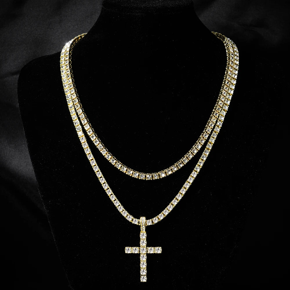 fachgo | Hip Hop Iced Out Cross Pendant Necklace Strap 4mm Zircon Tennis Chain Men Women Sparkling Necklace Punk Jewelry Fashion Gift