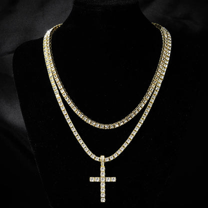 fachgo | Hip Hop Iced Out Cross Pendant Necklace Strap 4mm Zircon Tennis Chain Men Women Sparkling Necklace Punk Jewelry Fashion Gift