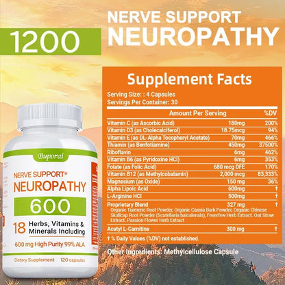 fachgo | Neuropathy Support Supplement 600mg - Antioxidant, Promotes Nerve Health, Cellular Energy, Metabolism and Anti-aging, Non-GMO
