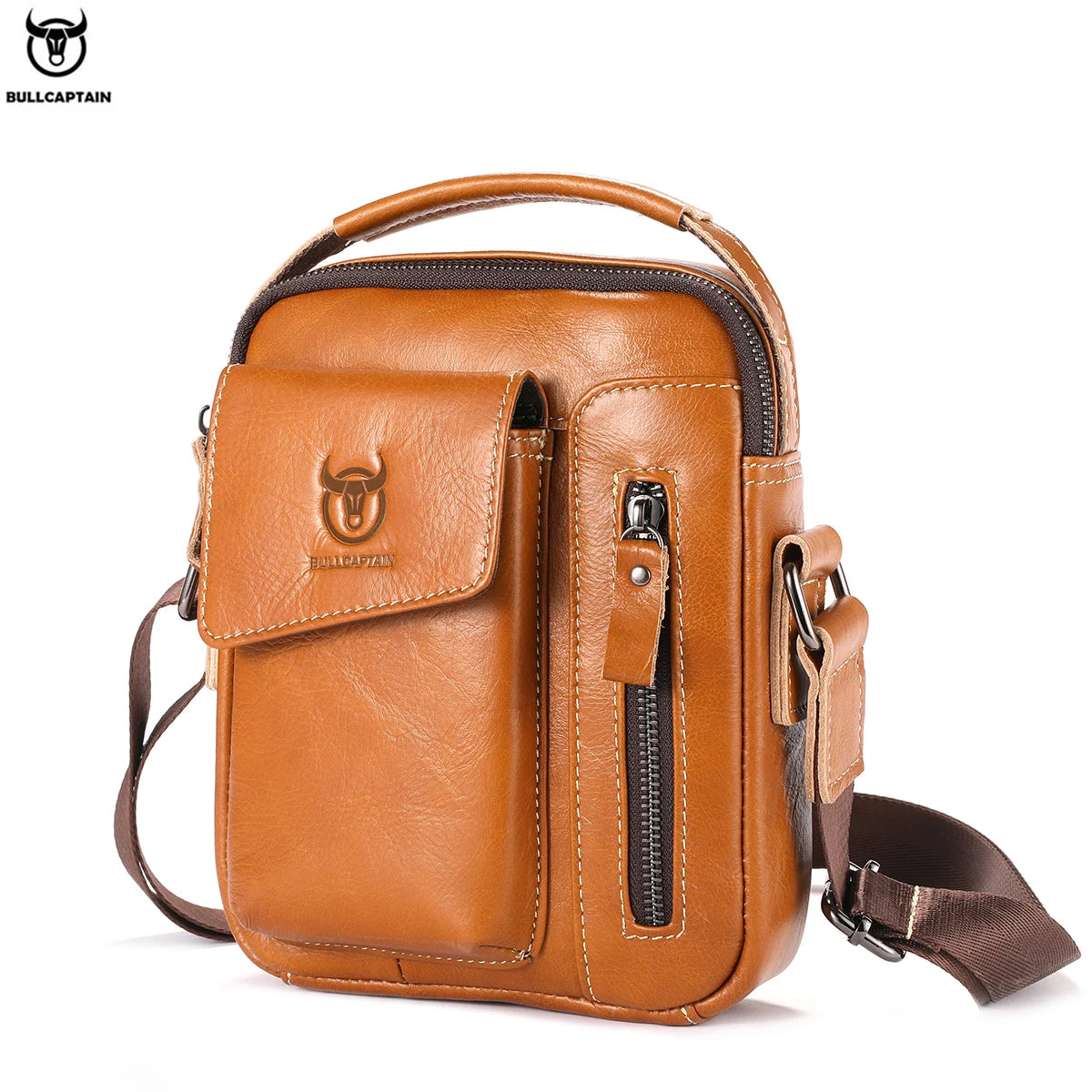 fachgo | BULLCAPTAIN Casual Fashion Men's Messenger Bag's Business Portable Handbag Man Leather Shoulder Bag Mobile 6.5'' Phone Bags