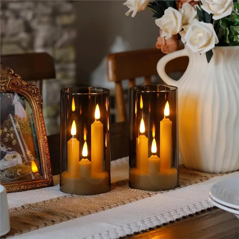 B89B-Flameless Taper Short Candles 3 In 1 Design With 10 Key Remote Control And Timer, 3" X 6" Grey Pillar Flickering Warm Light