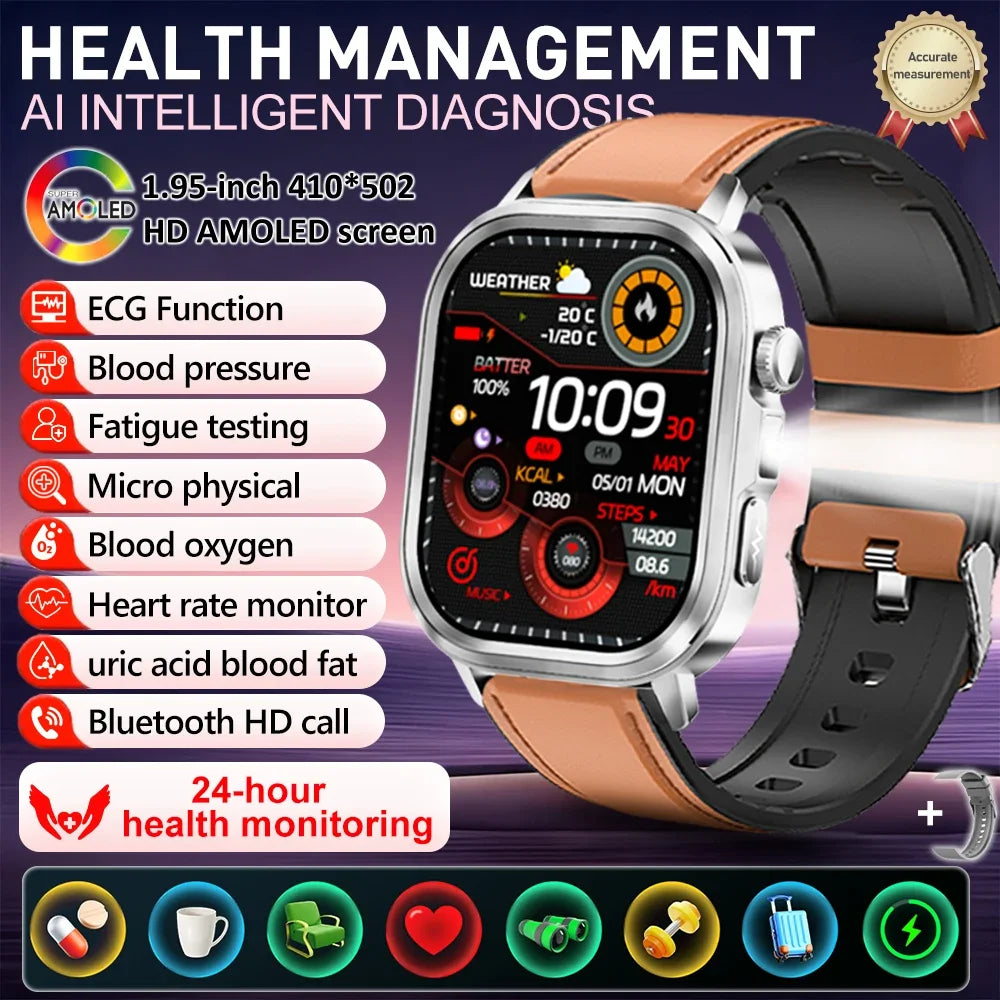 fachgo | New Accurate Blood Pressure Smart Watch Uric Acid ECG+PPG Blood Oxygen Body Analysis Body Fat LED Flashlight smart watches 2025