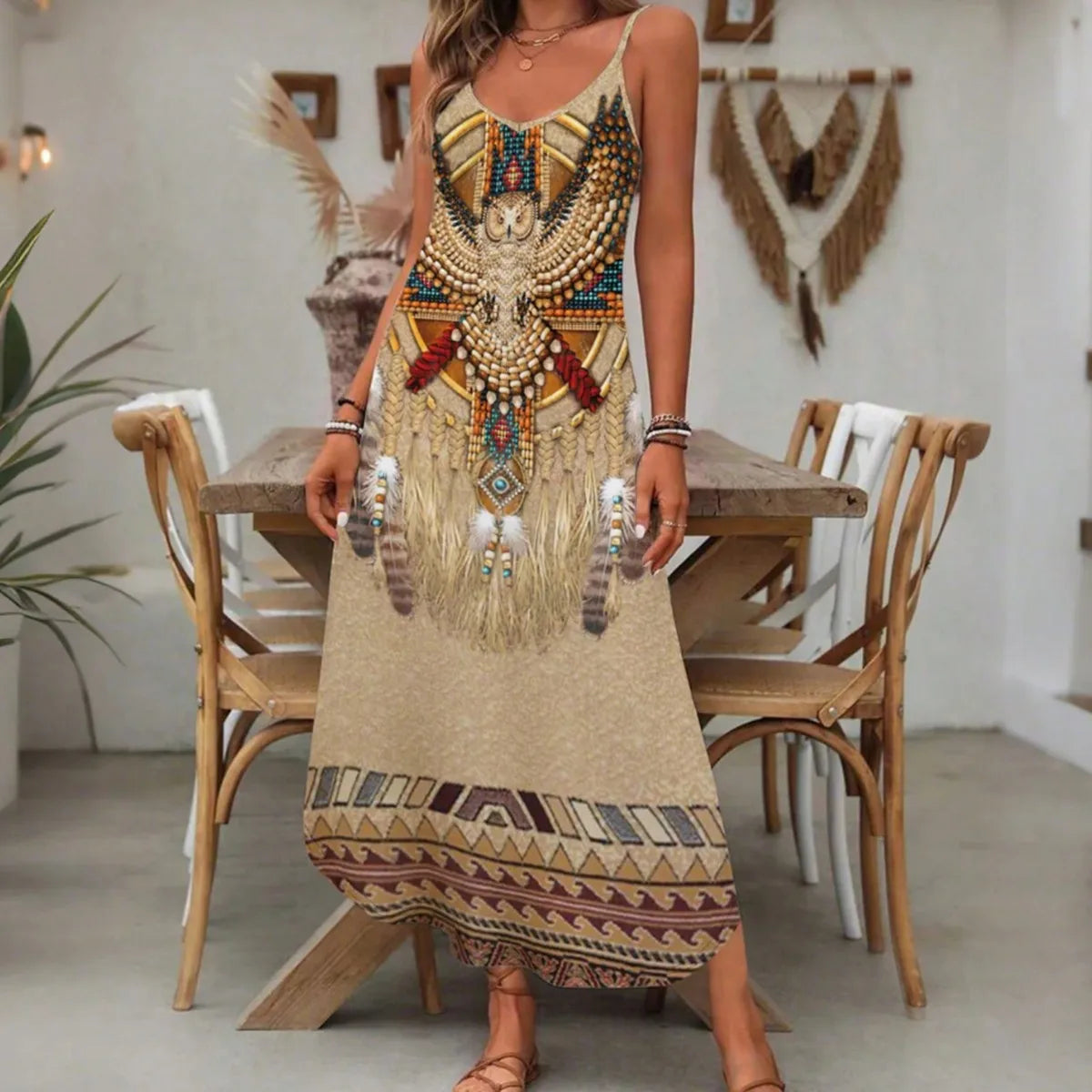 fachgo | Women's Fashion Western Ethnic Print Casual Suspender Dress