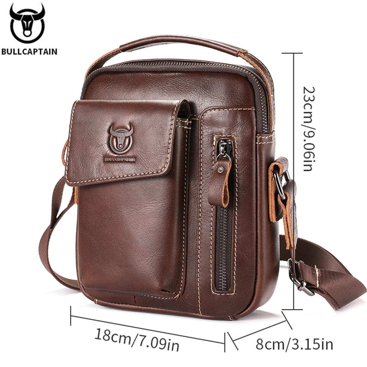 fachgo | BULLCAPTAIN Casual Fashion Men's Messenger Bag's Business Portable Handbag Man Leather Shoulder Bag Mobile 6.5'' Phone Bags